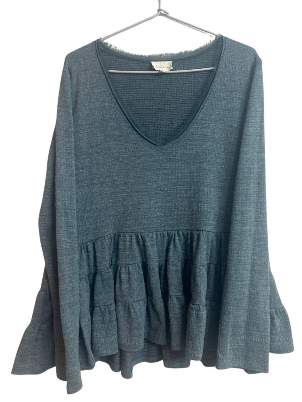 Anthropologie Deletta Blue Gray Tiered Peplum Top Medium Textured Knit Boho